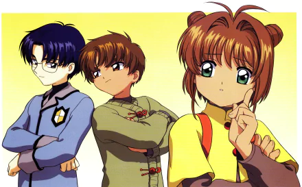 4K Ultra HD PC desktop wallpaper featuring Sakura Kinomoto flanked by Syaoran Li and Eriol Hiiragizawa from Cardcaptor Sakura, posed against a warm yellow backdrop.