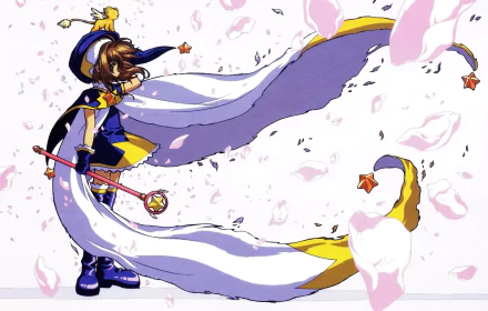 2K Quad HD Cardcaptor Sakura wallpaper: Sakura Kinomoto in a battle outfit with Keroberos on her shoulder, wand raised, long flowing scarf and cherry petals drifting across the scene.
