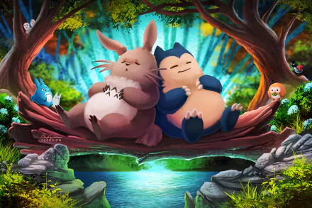HD desktop wallpaper featuring a crossover with Snorlax, Rowlet, Fletchling (Pokémon), and Totoro (My Neighbor Totoro), all peacefully sleeping on a tree branch over a serene forest stream.