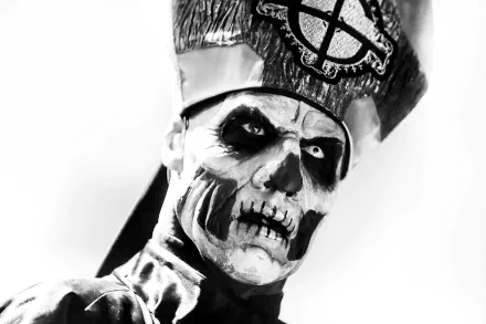 HD desktop wallpaper featuring a dramatic black-and-white image of a member of Ghost B.C., a heavy metal band, with striking face makeup and an ornate headpiece, conveying an eerie, intense atmosphere.
