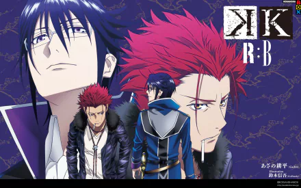 HD PC desktop wallpaper of K Project anime featuring Mikoto Suoh and Reisi Munakata in multiple poses against a patterned purple background with the K:R:B logo.