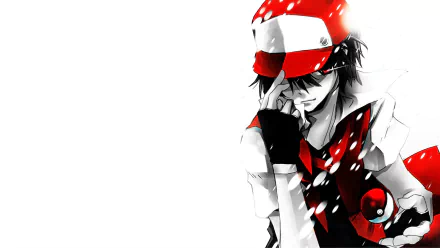 HD desktop wallpaper featuring Red from Pokémon anime, with a striking red-and-white color scheme, posing confidently amid a soft, white background.