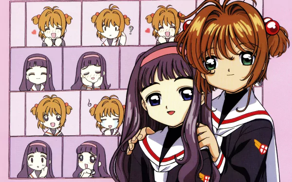 HD PC desktop wallpaper featuring Tomoyo Daidouji and Sakura Kinomoto from the anime Cardcaptor Sakura with a background of their chibi figures.