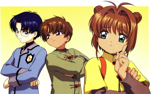 4K Ultra HD PC desktop wallpaper featuring Sakura Kinomoto flanked by Syaoran Li and Eriol Hiiragizawa from Cardcaptor Sakura, posed against a warm yellow backdrop.