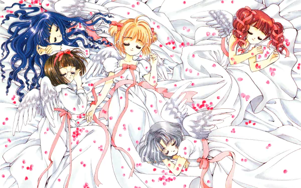 Cardcaptor Sakura anime 2K Quad HD PC desktop wallpaper: Sakura Kinomoto and friends sleep in flowing white gowns with angel wings as pink petals drift around them.