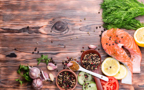 spices salmon fish vegetable garlic food still life HD Desktop Wallpaper | Background Image