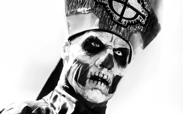 HD desktop wallpaper featuring a dramatic black-and-white image of a member of Ghost B.C., a heavy metal band, with striking face makeup and an ornate headpiece, conveying an eerie, intense atmosphere.