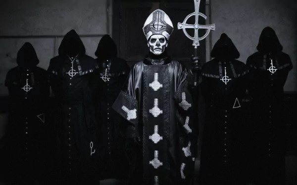 HD desktop wallpaper featuring Ghost B.C., a heavy metal band, with members in dark, gothic attire and a prominent skeletal figure holding a staff in the center.