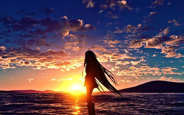 HD PC desktop wallpaper featuring IA from Vocaloid standing by the ocean at sunset, with flowing hair against a vibrant, cloud-filled anime sky.