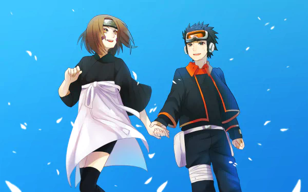 HD desktop wallpaper featuring Obito Uchiha and Rin Nohara from the anime Naruto, against a blue background with white petals floating around them.