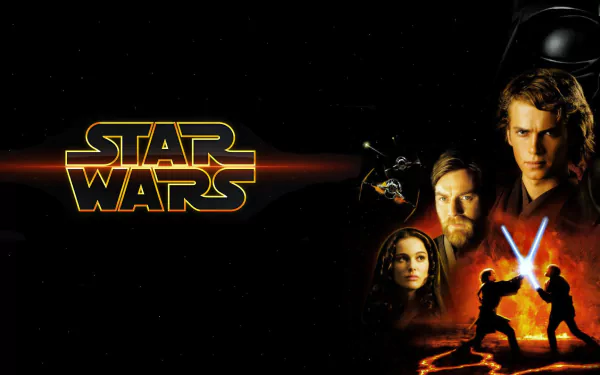 HD Star Wars Episode III: Revenge of the Sith desktop wallpaper featuring Padmé Amidala, Darth Vader, Anakin Skywalker, and Obi-Wan Kenobi in a dramatic lightsaber battle scene.