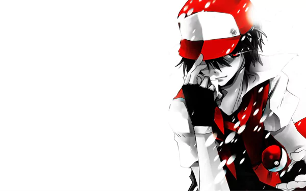 HD desktop wallpaper featuring Red from Pokémon anime, with a striking red-and-white color scheme, posing confidently amid a soft, white background.