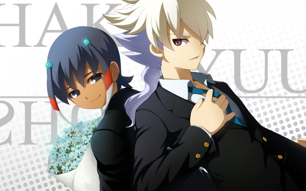 HD PC desktop wallpaper featuring two characters from the anime Inazuma Eleven, one holding flowers, both dressed in formal attire with a subtle patterned background.