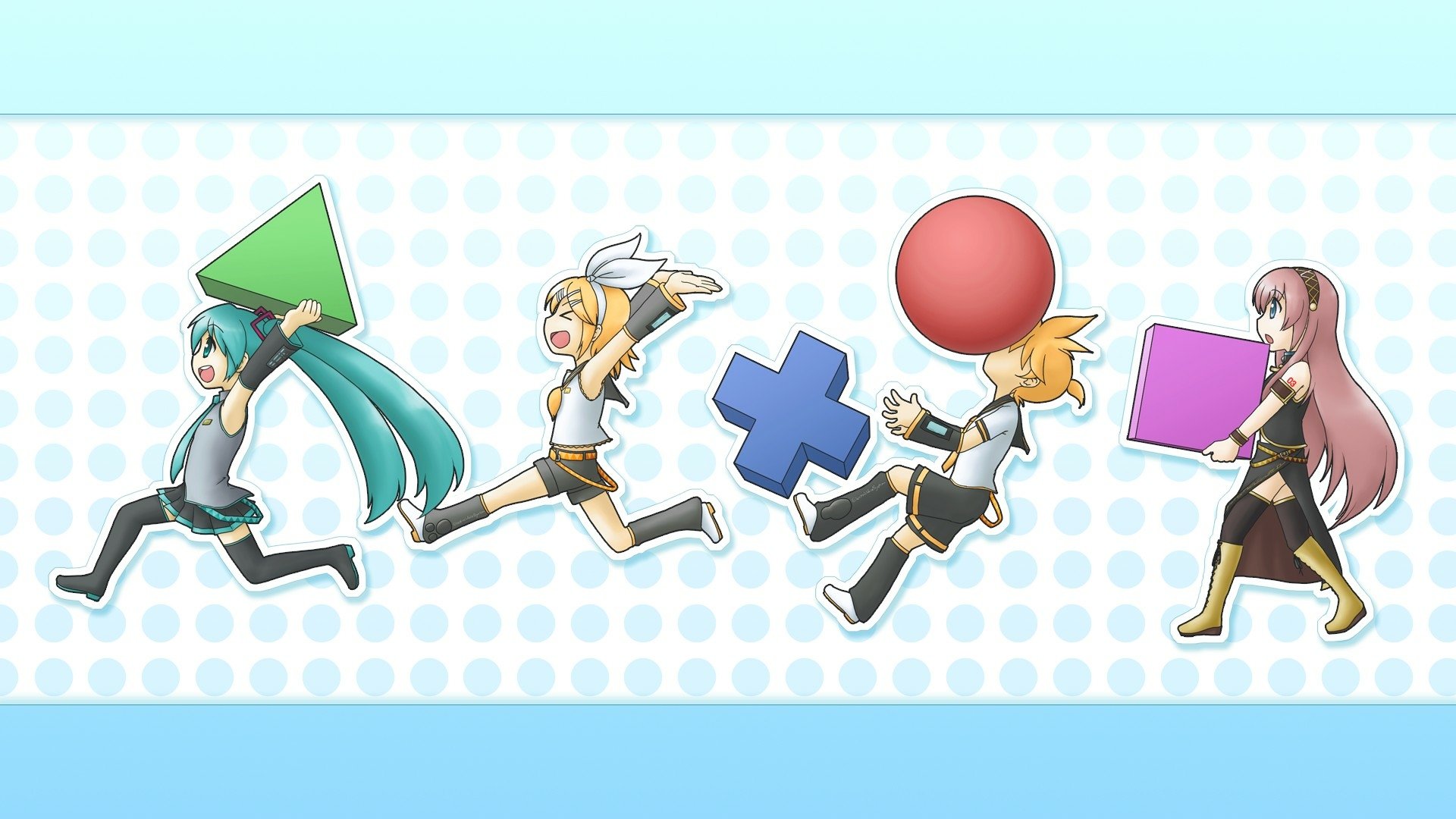 Anime-style HD PC wallpaper featuring Vocaloid characters Hatsune Miku, Kagamine Rin and Len, and Luka Megurine, each holding colorful geometric shapes.