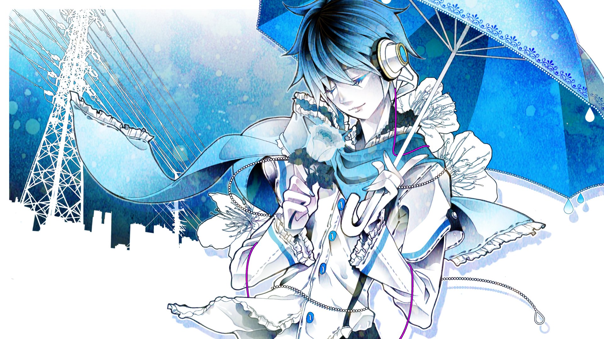 Kaito (Vocaloid) anime art in icy blues, headphones and umbrella with city silhouette — 2K Quad HD PC desktop wallpaper/background.
