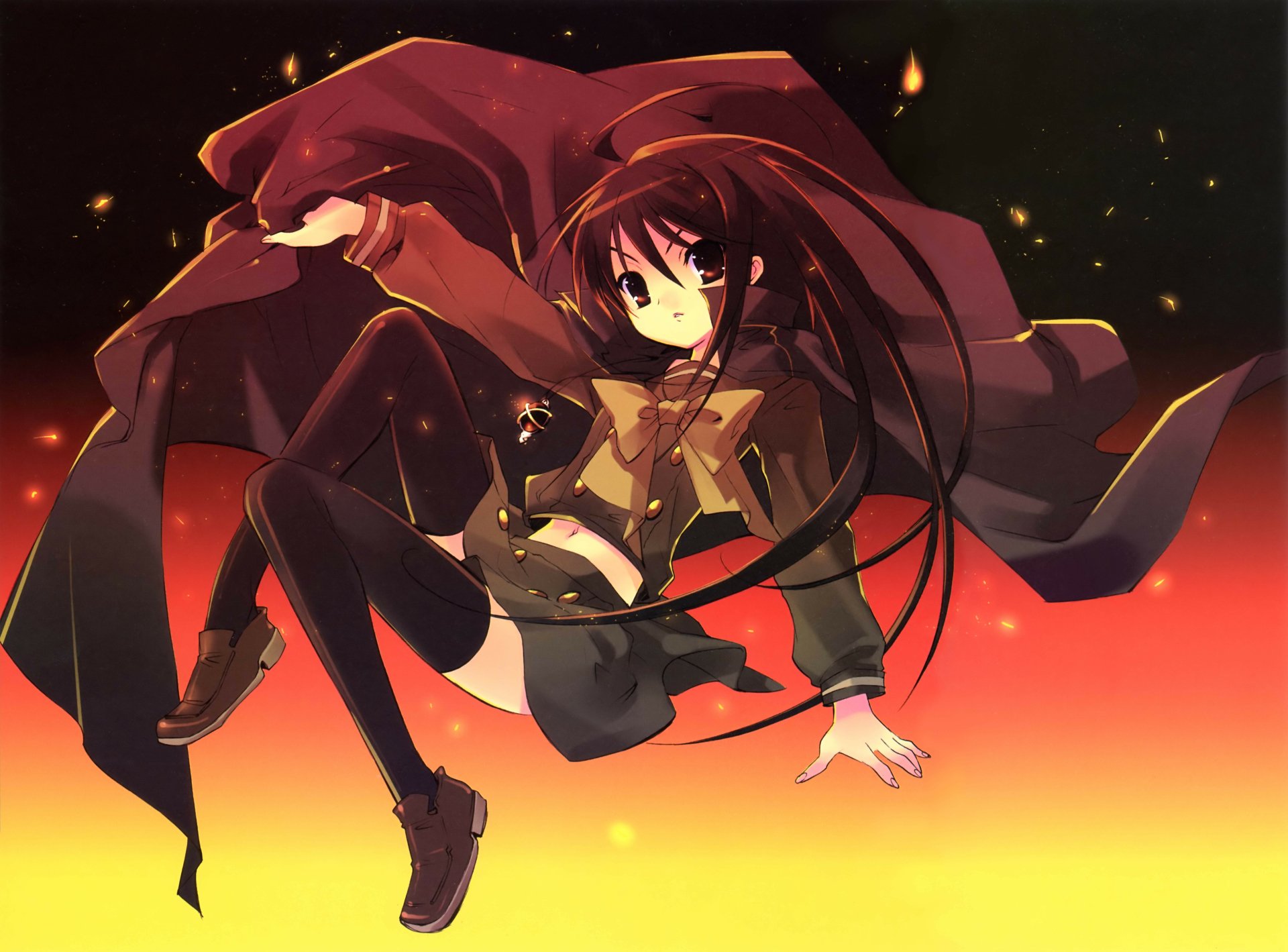 Anime-style Shakugan No Shana character with flowing dark hair and red eyes, set against a glowing orange background in 8K Ultra HD PC desktop wallpaper quality.