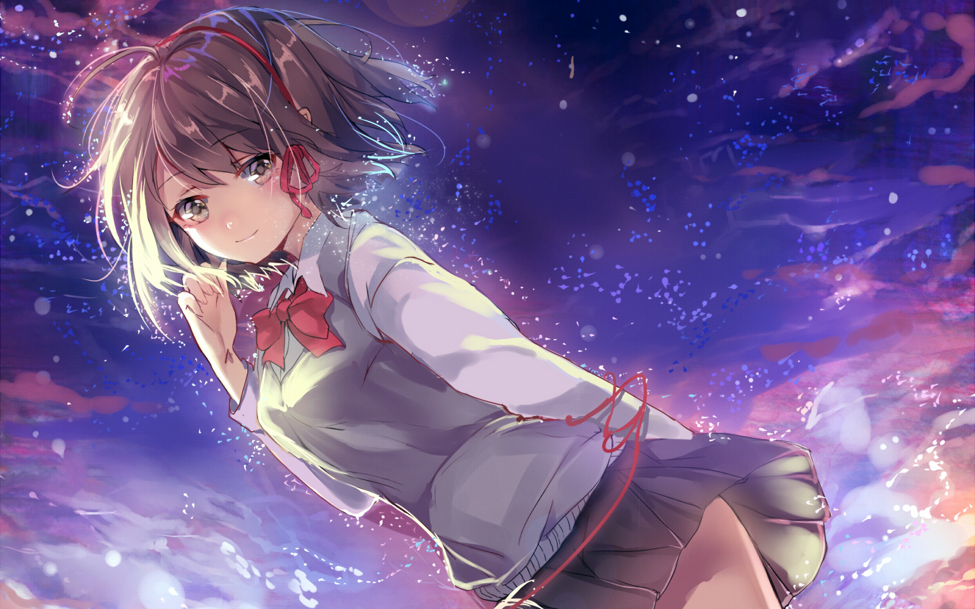HD desktop wallpaper featuring Mitsuha Miyamizu from the anime Your Name, with a vibrant, starry background.