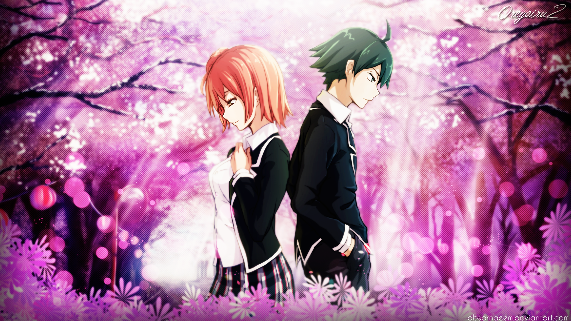 HD desktop wallpaper featuring two anime characters from My Teen Romantic Comedy SNAFU standing back-to-back amidst a vibrant, pink-hued cherry blossom background.