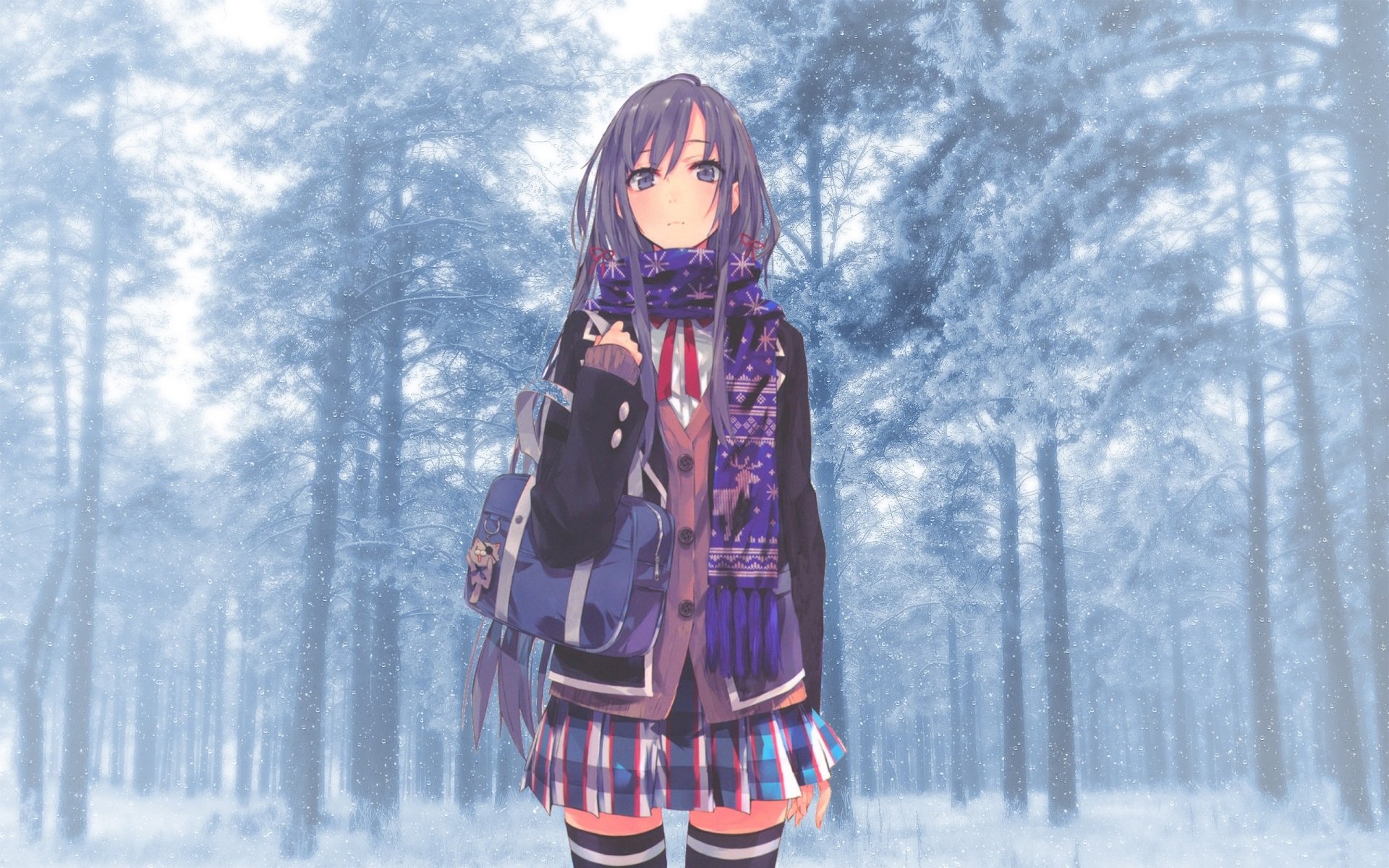 HD desktop wallpaper featuring an anime character from My Teen Romantic Comedy SNAFU, standing in a snowy forest.
