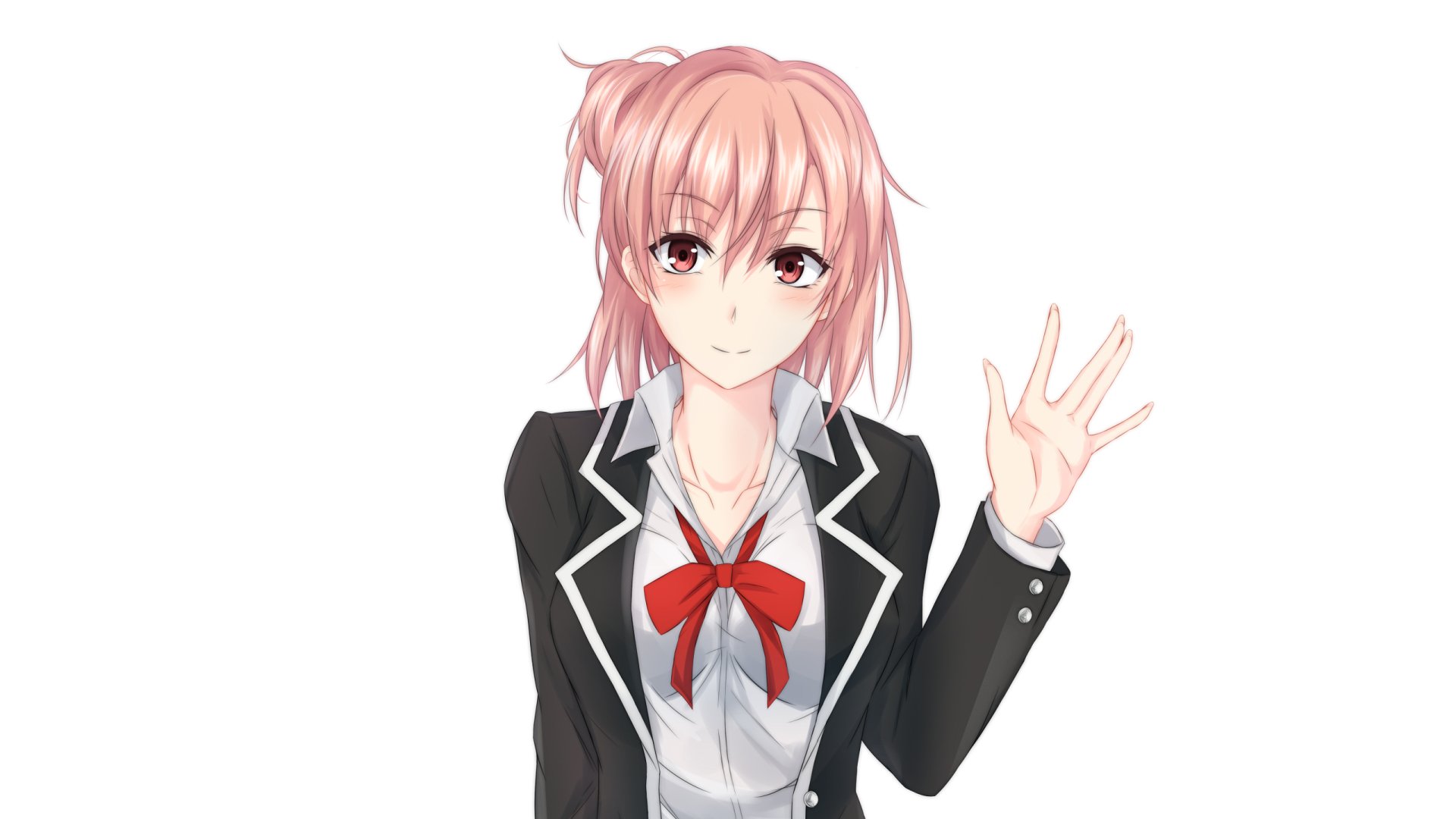 Anime-style HD desktop wallpaper featuring a character from My Teen Romantic Comedy SNAFU with pink hair and a school uniform waving against a white background.
