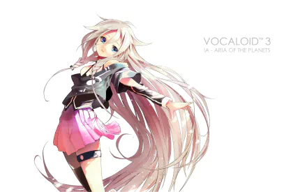 HD PC desktop wallpaper featuring IA from the Vocaloid series in an anime style, titled Vocaloid 3 - IA: Aria of the Planets, with a clean white background.