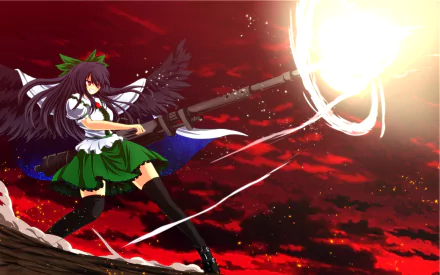 HD PC desktop wallpaper and background featuring Utsuho Reiuji (Touhou anime): winged girl in green skirt firing a blazing orb across a blood-red sky.