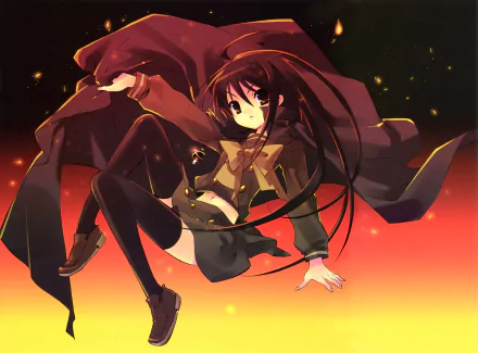 Anime-style Shakugan No Shana character with flowing dark hair and red eyes, set against a glowing orange background in 8K Ultra HD PC desktop wallpaper quality.
