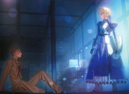 8K Ultra HD anime Fate/Stay Night PC desktop wallpaper/background: Saber in blue armor bathed in light stands over a seated young man in a dim, industrial room.