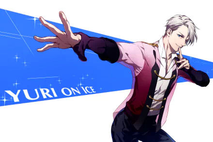 HD desktop wallpaper featuring a character from the anime Yuri!!! on ICE in a figure-skating pose, with a dynamic blue background and the show's title prominently displayed.