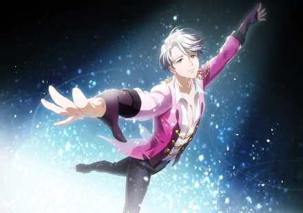 HD desktop wallpaper featuring Victor Nikiforov from Anime Yuri!!! on ICE, showcasing him in a graceful ice-skating pose with a sparkling background.
