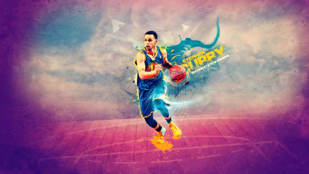 HD desktop wallpaper featuring an artistic rendition of basketball player Stephen Curry in action on a vibrant, stylized background.
