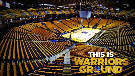 HD desktop wallpaper featuring an empty Golden State Warriors arena with THIS IS WARRIORS GROUND text.