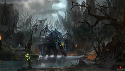 HD desktop wallpaper featuring Roshan, the menacing creature from DotA 2, set in a dark, eerie swamp environment with glowing eyes and a haunting atmosphere.