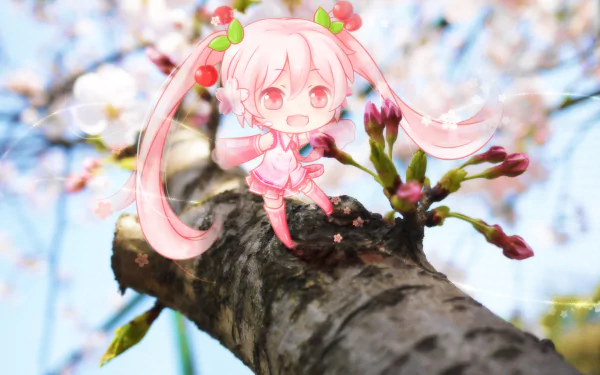 Chibi Sakura Miku in a pink sakura outfit perched on a blooming cherry branch, anime Vocaloid character against soft bokeh blossoms — HD PC desktop wallpaper background.