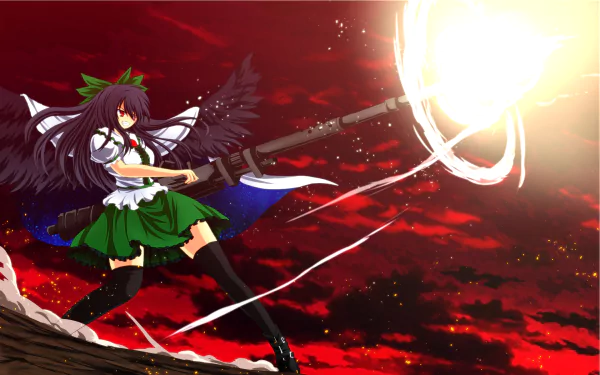 HD PC desktop wallpaper and background featuring Utsuho Reiuji (Touhou anime): winged girl in green skirt firing a blazing orb across a blood-red sky.