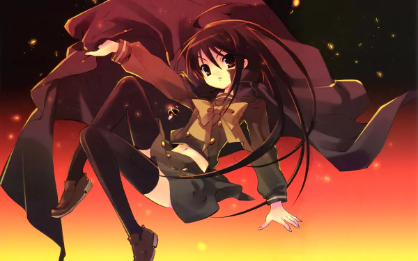 Anime-style Shakugan No Shana character with flowing dark hair and red eyes, set against a glowing orange background in 8K Ultra HD PC desktop wallpaper quality.