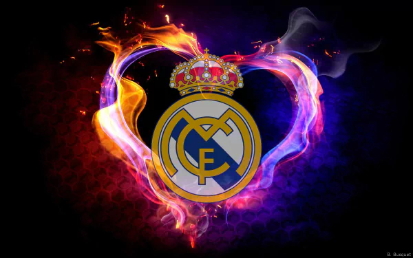 HD wallpaper featuring the Real Madrid C.F. logo encircled by fiery and electric blue flames on a dark background.