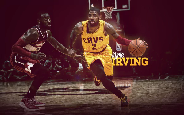 HD desktop wallpaper featuring Kyrie Irving in a Cleveland Cavaliers jersey, dribbling past an opponent on the basketball court.