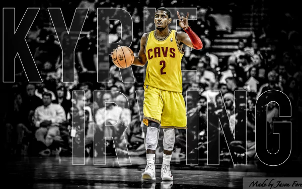 Kyrie Irving in a Cavs jersey holding a basketball on court, with his name stylized above, serves as a high-definition desktop wallpaper.