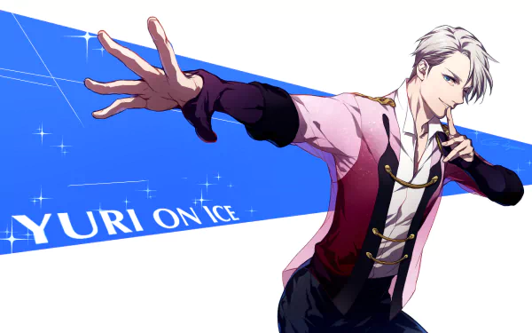 HD desktop wallpaper featuring a character from the anime Yuri!!! on ICE in a figure-skating pose, with a dynamic blue background and the show's title prominently displayed.