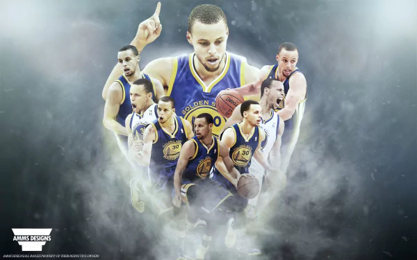 HD desktop wallpaper featuring multiple action poses of a basketball player in a Golden State Warriors jersey amidst a smoky background.