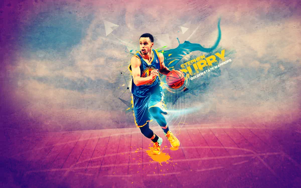 HD desktop wallpaper featuring an artistic rendition of basketball player Stephen Curry in action on a vibrant, stylized background.