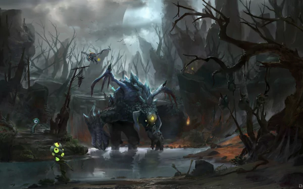 HD desktop wallpaper featuring Roshan, the menacing creature from DotA 2, set in a dark, eerie swamp environment with glowing eyes and a haunting atmosphere.