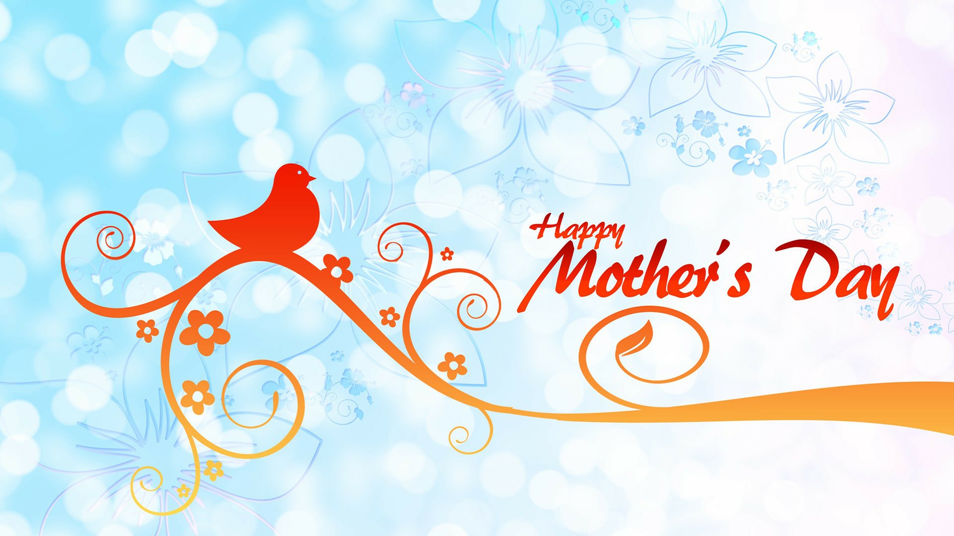 Mother's Day-themed HD desktop wallpaper with Happy Mother's Day text and decorative bird and floral elements on a blue background.