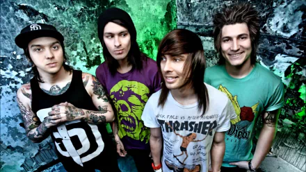 HD desktop wallpaper of Pierce the Veil band members posing in front of a vibrant green backdrop.