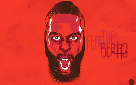 HD desktop wallpaper featuring a stylized illustration of James Harden with the text FEAR THE BEARD on a vibrant red background.