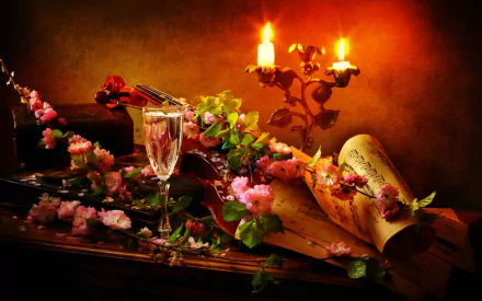 A still life HD desktop wallpaper featuring a violin, glowing candles, sheet music, vibrant flowers, and a glass flute, captured in warm, artistic photography.