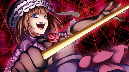 Eva Ushiromiya from Umineko: When They Cry — anime HD PC desktop wallpaper showing her grinning in a purple dress and bonnet, brandishing a golden cane against a red spiderweb backdrop.