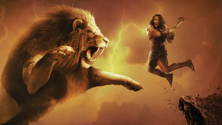 HD PC desktop wallpaper from the movie Hercules (2014) showing Hercules leaping toward a roaring lion in a dramatic, fiery scene.