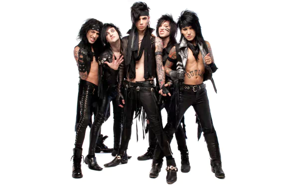 HD desktop wallpaper featuring Black Veil Brides, showcasing their heavy metal and hard rock style with striking black leather outfits and bold stage presence.
